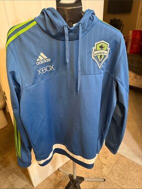 adidas Blue Seattle Sounders FC Hoodie with Neon Green Accents